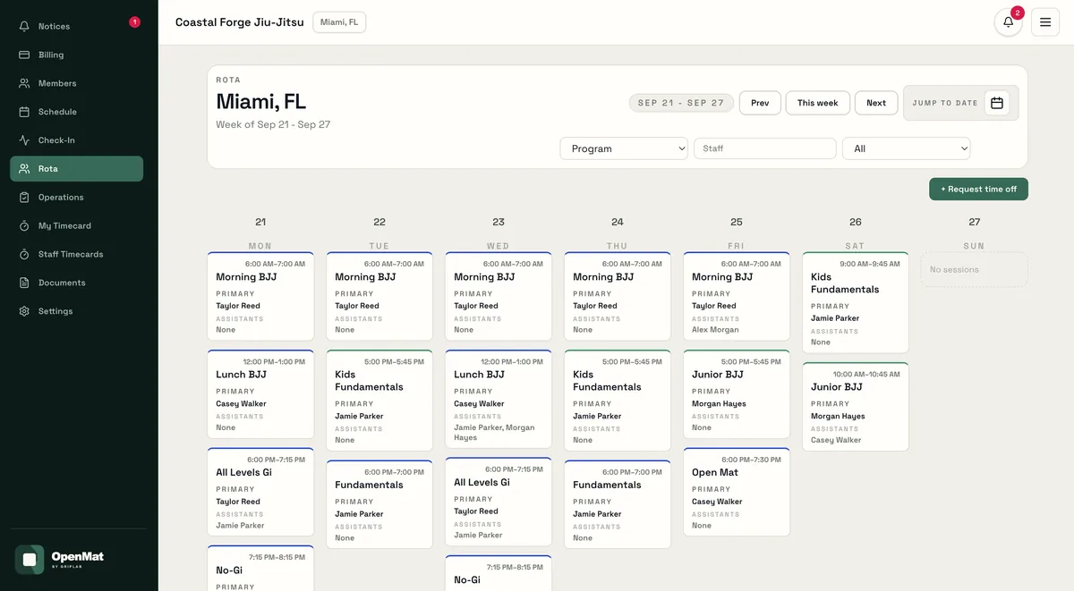 The OpenMat Rota screen: a week of classes for a sample gym, each showing its time, primary coach and assistants.